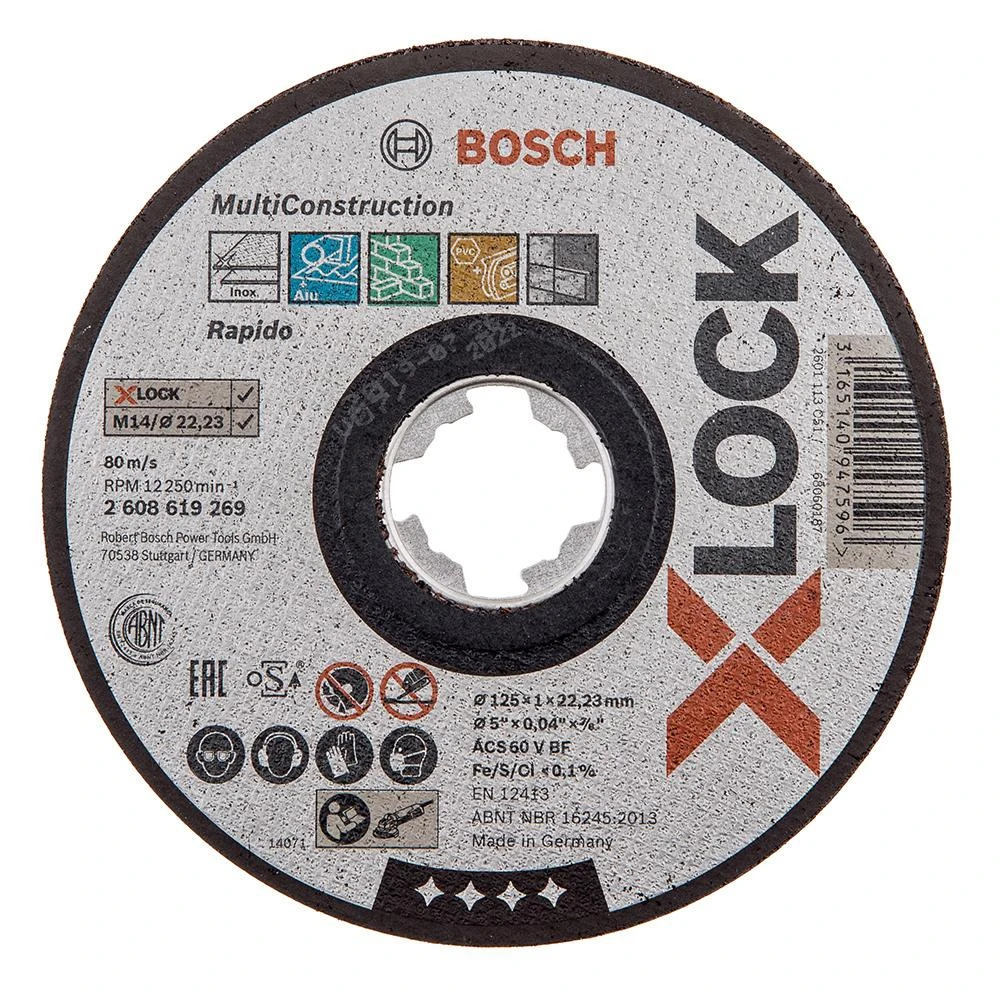 Круг отрезной BOSCH 2608619269 X lock диск multi material 125x1x22.23 прямой|Шлифовальные круги| |