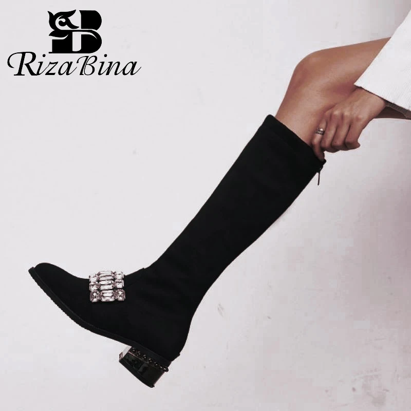 RIZABINA Для женщин сапоги до колена модные замок-молния со стразами ботинки с высоким голенищем; зимние Обувь на теплом меху женская обувь плюс Размеры; большие размеры 32-48