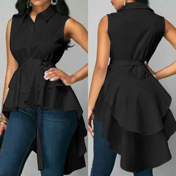 

Women's Sleeveless Blouse 2020 ZANZEA Stylish Asymmetrical Tops Casual Summer High Low Shirts Female Button Blusas Belted Tunic
