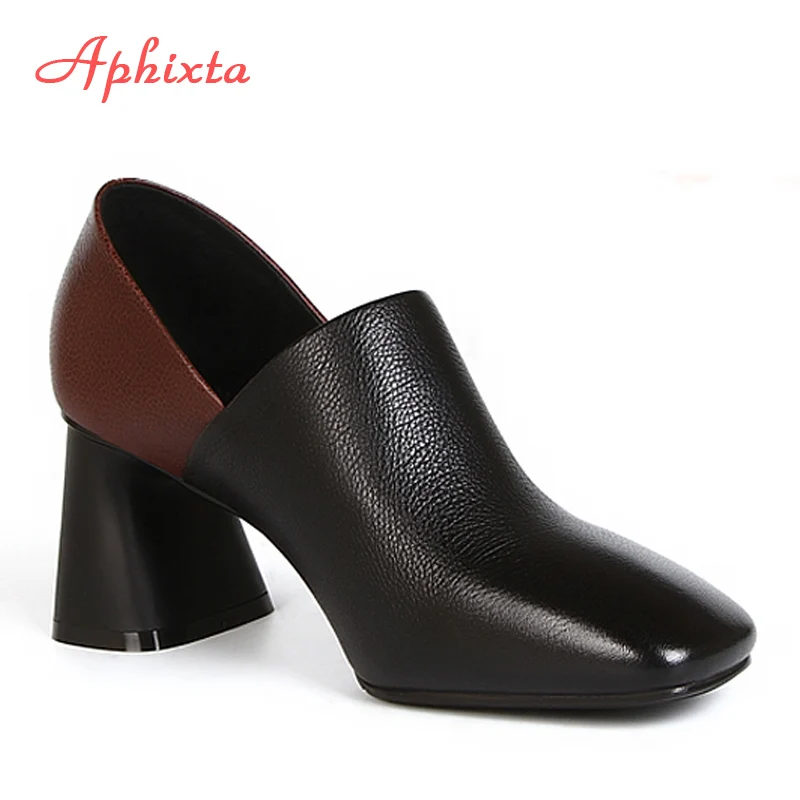 Aphixta/ г., 6,5 г., женские туфли-лодочки на каблуке модная разноцветная обувь с круглым носком на квадратном каблуке новые элегантные женские туфли-лодочки большой размер - Цвет: Black