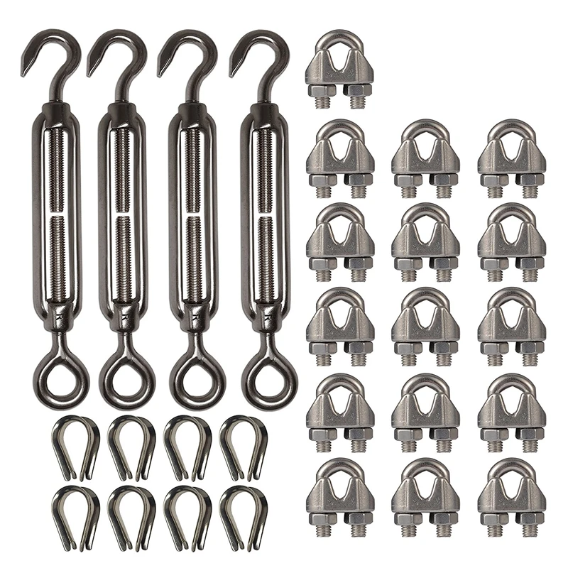 4-Pcs Turnbuckle/Tension(Eye&ampHook M6) 16-Pcs 1/8 Inch Wire Rope Cable Clip/Clamp(M3) 8-Pcs Thimble(M3) Stainless Steel Kit |