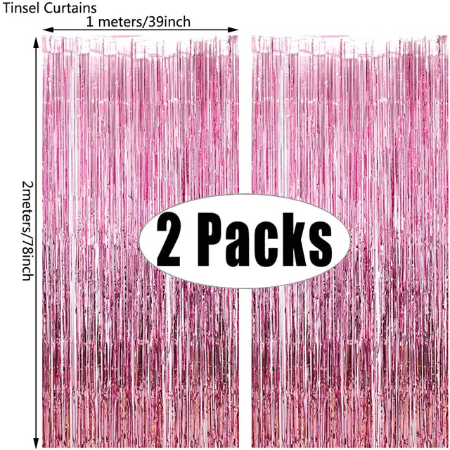 2Pack Party Backdrop Metallic Foil Fringe Tinsel Curtain Adult Kids Birthday Party Wedding Decoration Baby Shower Favor Supplies pink