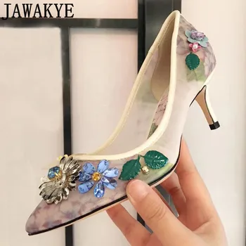 

New Sexy Lace flower high Heels Women Pumps Rhinestone Pointed Toe ladies Wedding Shoes Women High Heel shoes 6 cm Crystal Shoes