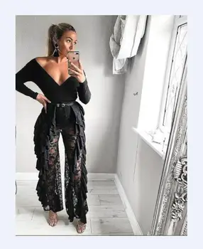 

On Sale 2020 Womens Flared Pants High Waist Leg Mesh Lace See Through Casual Long Trousers