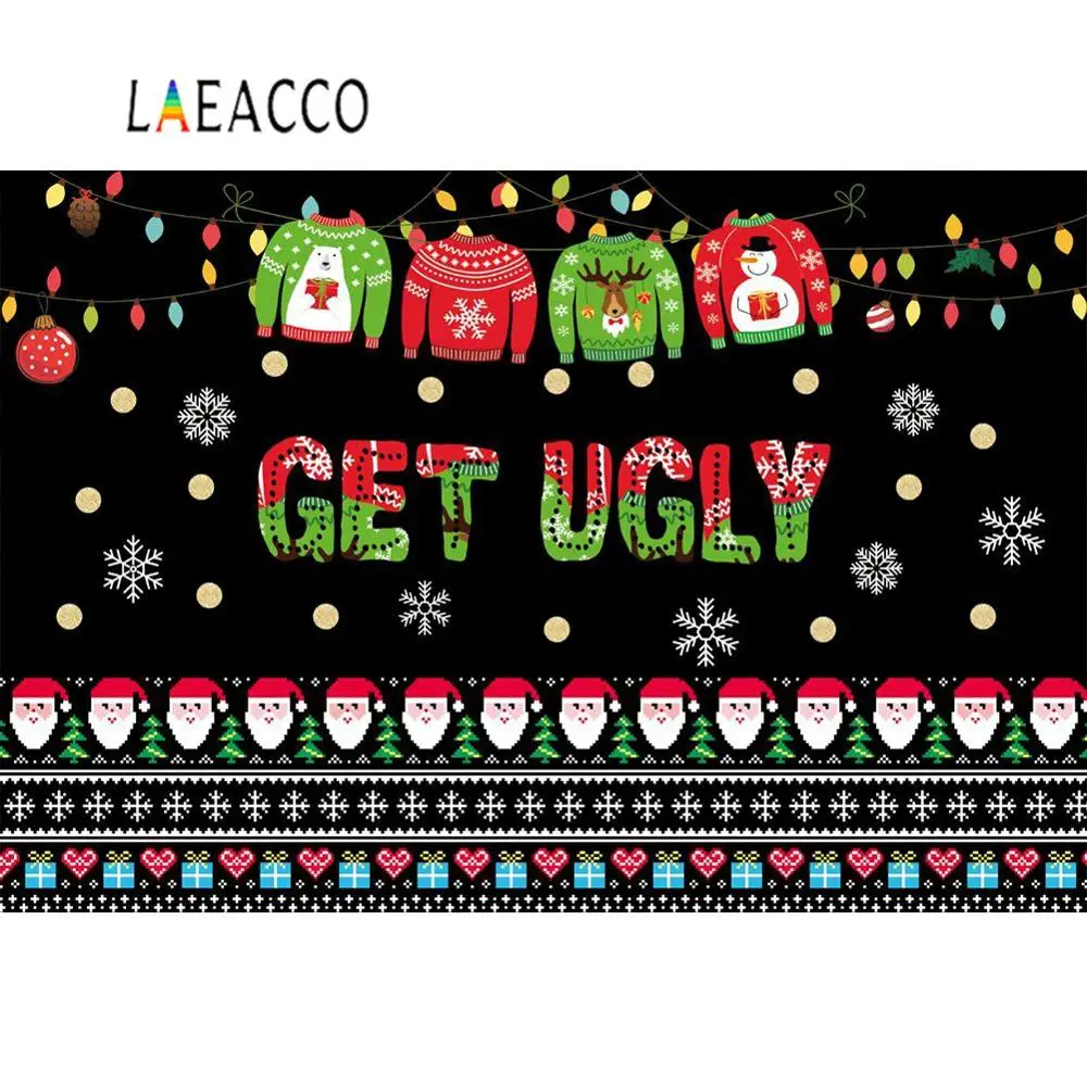 

Laeacco Winter Christmas Ugly Party Sweater Snowflake Santa Clause Pattern Photo Background Photography Backdrop Photo Studio
