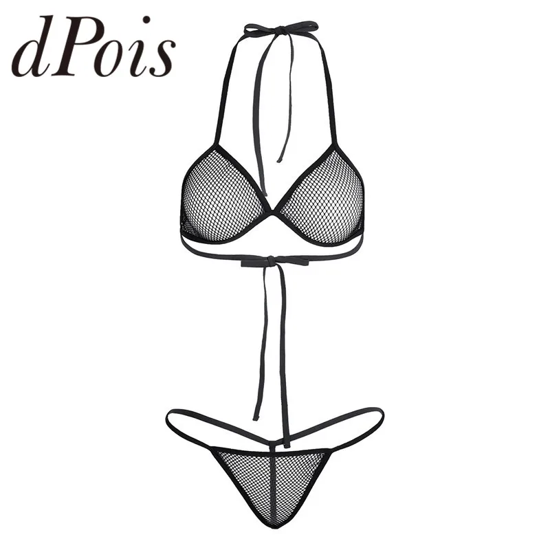 

2pcs Women Bikinis Lingerie Set Fishnet See-through Sexy Bra Top with Matching G-string Thong Underwear Beach Summer Swimsuit