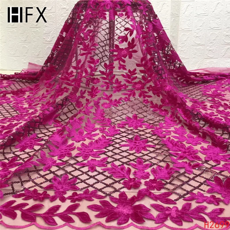 HFX французская кружевная ткань, цвет фуксия Розовая вышивка качественное блестящее Сетчатое кружевное нигерийское свадебное платье Чистая кружевная ткань X2699