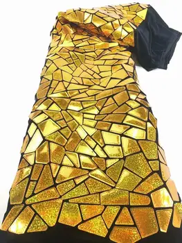 

New french tulle lace with sequins Nigerian embroidered gold African lace fabric sequence glitter high quality for dress FD813