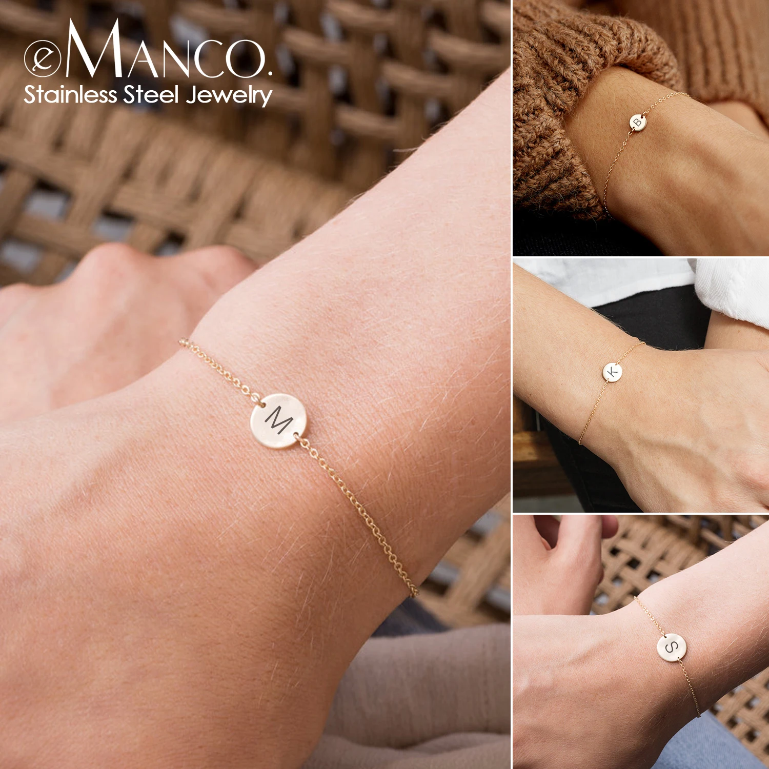 

eManco DIY alphabet custom Stainless steel Bracelets for women personalized Round Charm Bracelet Best friend Bracelet Jewelry