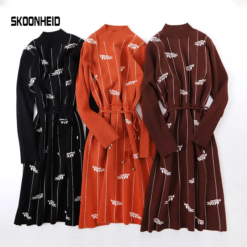 

SINGRAIN Women Print Knitted Turtleneck Dress Elastic Knitting Pullover Dresses Autumn Winter Warm Striped Long Sweater Dress