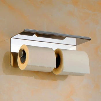 

New Double Roll Toilet Paper Holder With Phone Shelf - Bathroom Tissue Dispenser - Modern Style (Shiny Silver)