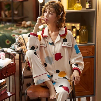 

M -3XL Plus Size Women Pajamas Set 2020 Spring New Full Length Cotton Long Sleeve Pajamas Set Loose Leisure Women Sleepwear Set