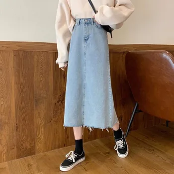 

2020 New Denim Skirt Korean High Waisted Skirt Long Loose Vintage Blue Skirts Womens Cotton Skirts For Women