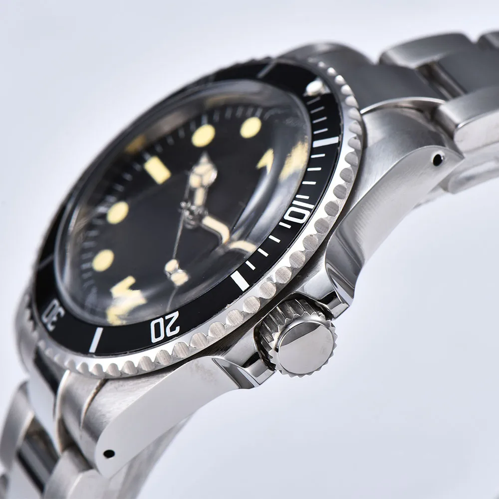 Мужские автоматические механические часы в стиле ретро, 39,5 мм, черный стерильный циферблат, черный алюминиевый лист, светящийся ободок