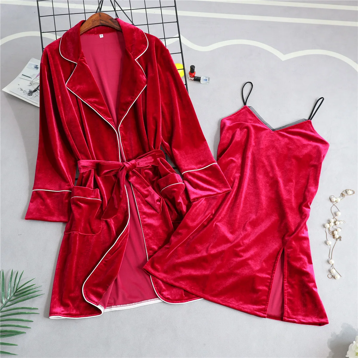 Велюровый ночной халат M XL сексуальный женский комплект из 2 предметов топ на
