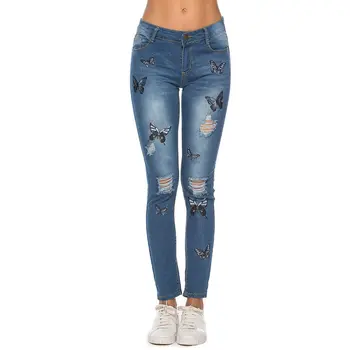 

Fashion Embroidery Jeans Woman 2020 Ripped Distressed Jeans Mujer Washed Denim Pant High Waist Hole Jeans Straight Denim Trouser