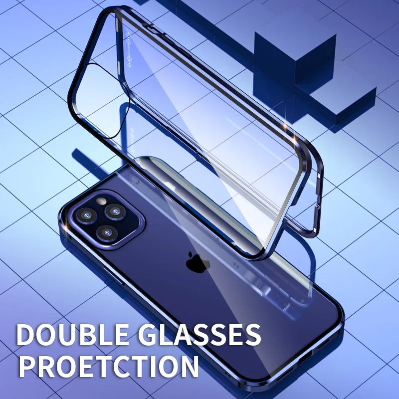 

For iphone 12 Pro Max Case 360 Front+Back double-sided Tempered Glass Case for iphone 12 Mini Magnetic Metal Cover iphone12 Pro