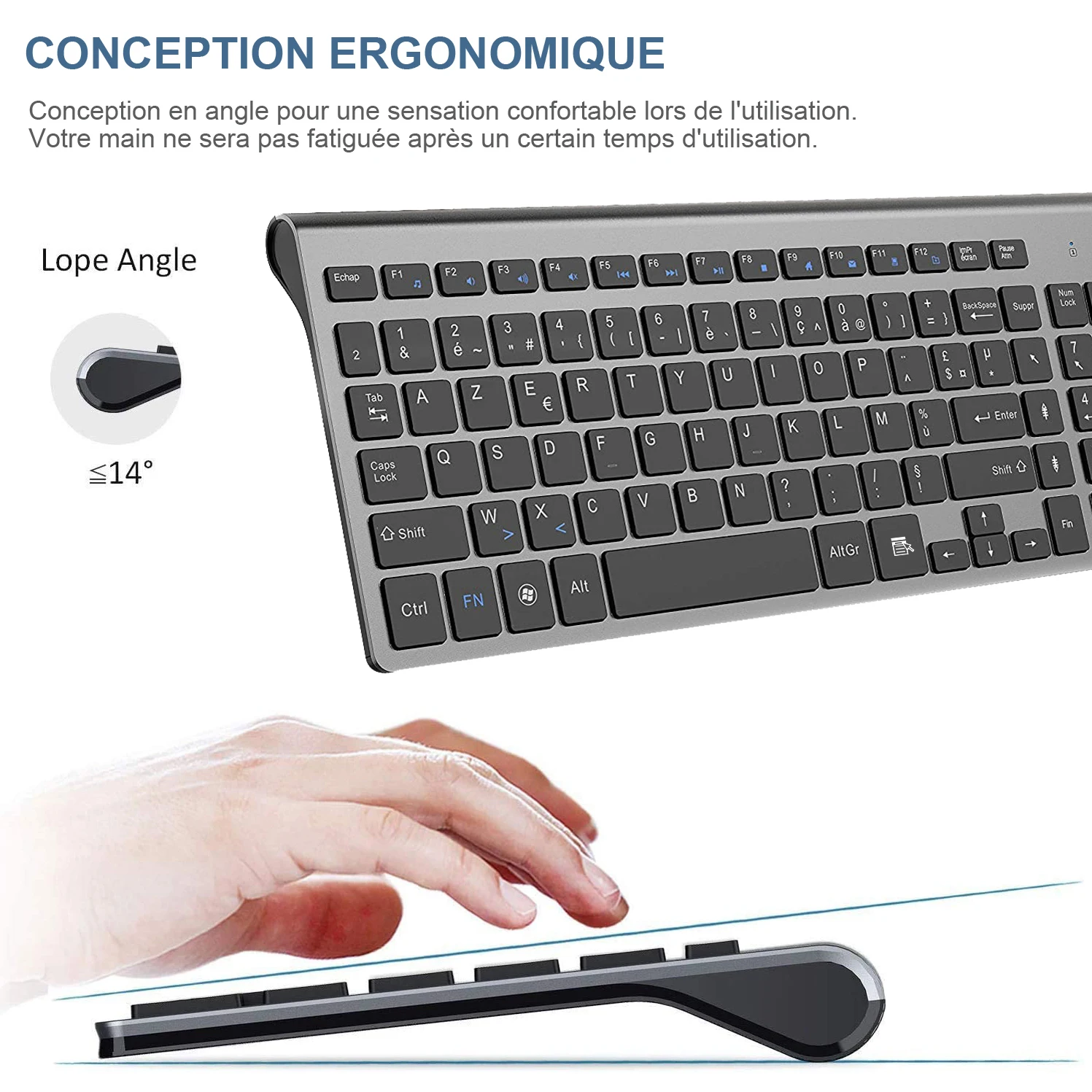 AZERTY, Ultra Fino, 2.4G, Silencioso, Chave de