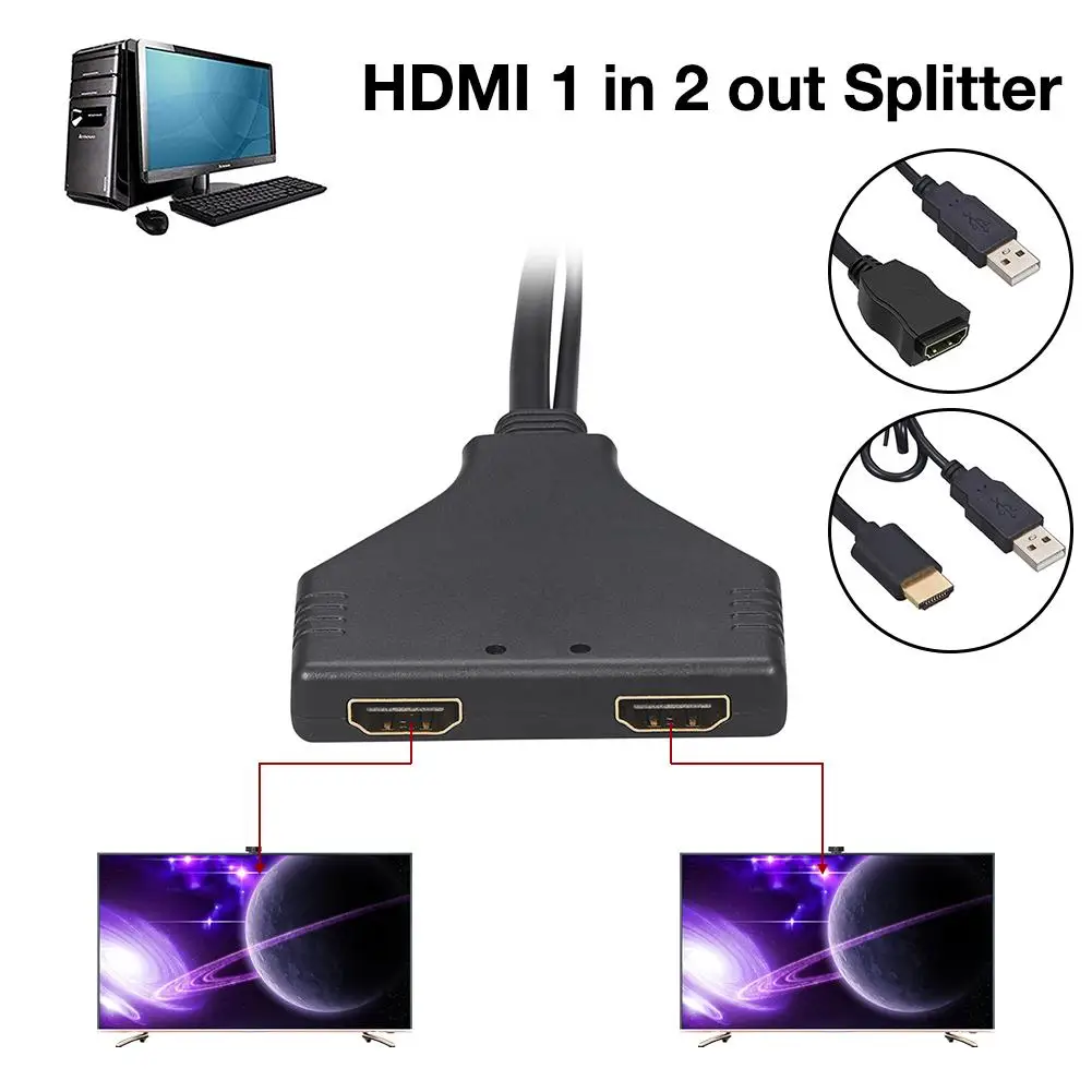 Высокое качество HDMI 1 в 2 Выход сплиттер HD мужской женский сплиттер Кабель-адаптер с USB для 480I 480P 720P 1080I 1080P 4K
