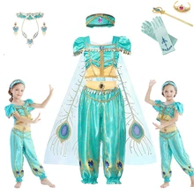 Рождественская одежда; платье для девочек; костюм принцессы жасмин для выступлений; маскарадный костюм из фильма «Аладдин»; комплекты с накидкой из тюля с блестками