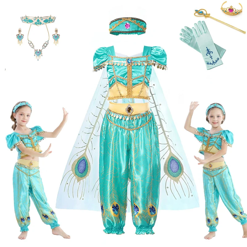 

Christmas Clothes Girls Dress Jasmine Princess Performance Cosplay Costume Movie Aladdin Role Playing Sequined Tulle Cloak Sets