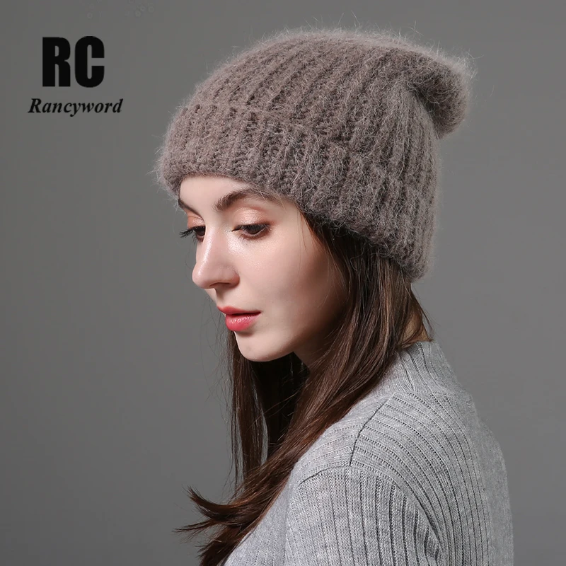 [Rancyword] Зимние шапки для женщин шерстяная вязаная шапка из ангорской шерсти шапочки Женские теплые меховые шапочки-бини с кроликом для девочек RC2081-1