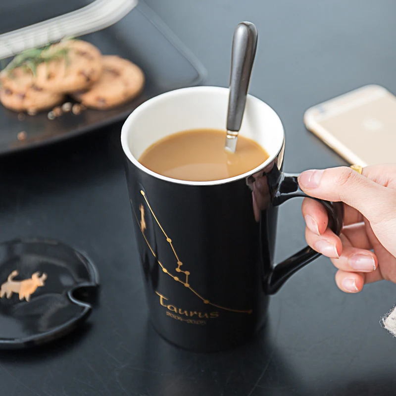 420ML 12 Constellation Creative Ceramic Couple Mug, with Spoon Cover Black Gold Porcelain Zodiac Milk Coffee Cup