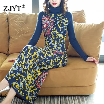 

2019 New Fashion Woman Fall Winter Dress Runway Designers Turtleneck Full Sleeve Vintage Floral Sheath Knit Long Sweater Dresses