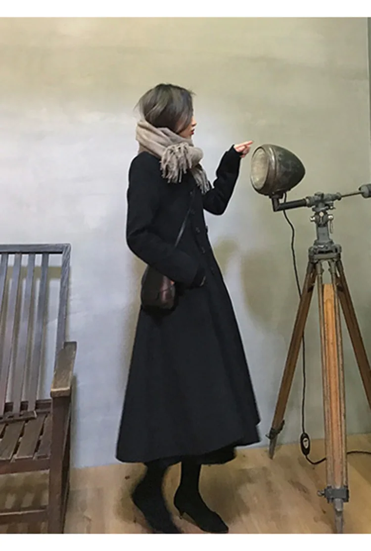 Черное шерстяное пальто выше колена для женщин, осень и зима, популярный стиль, Ретро стиль, для похудения, Хепберн, ветровая шерсть, Jac