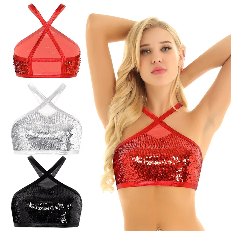 Женские блестящие танцевальные топы с блестками, топы с бретельками на шее, без рукавов, с перекрещивающимися сзади сексуальными бюстье, бюстгальтер, жилет, топы, клубная одежда