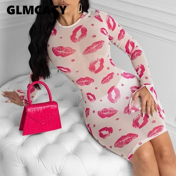 

Women Red Lips Printed Long Sleeve See Through Sheer Mesh Sexy Mini Dress Night Club Party Short Bodycon Dress