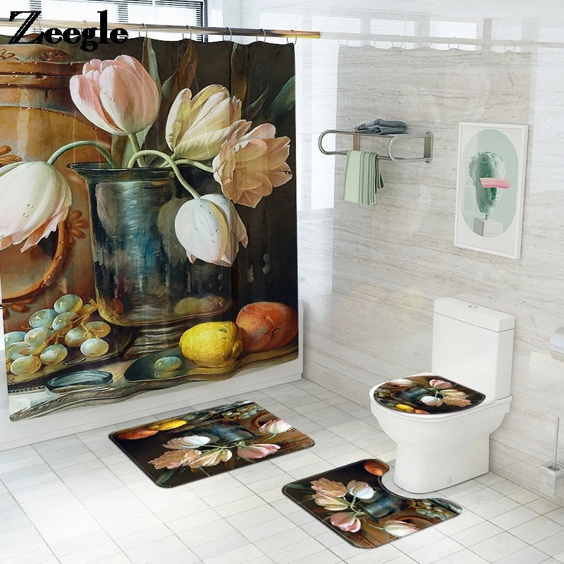 Flower Print Bath Mat Set Bathroom Carpet Rug Waterproof Shower Curtain Absorbent U-Shaped Toilet Rug Anti-slip Floor Carpet Set