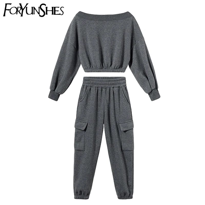 

FORYUNSHES Women's Fleece Pullover Suit 2 Pieces Set Slash neck Off Shoulder Sexy Jacket Coat + Pocket High Waist Jogging Pants