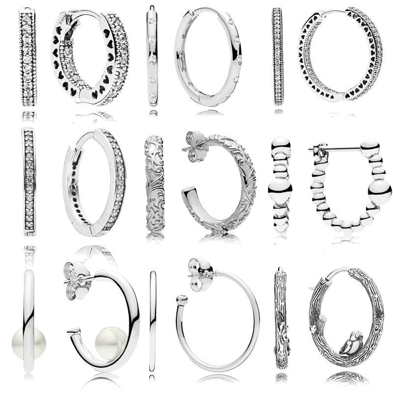 

925 Pure Silver Pans Earrings for Women CZ Signature Droplets Branch Bird String of Beads Hearts Hoop Earrings Jewelry Gift