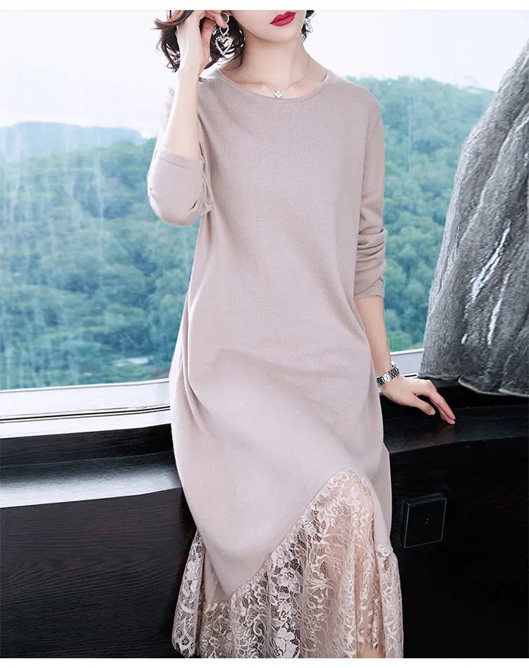 Women s Clothing Dresses Christmas sexy pullover jurken work beige knitted lace floral dress plus size long autumn winter