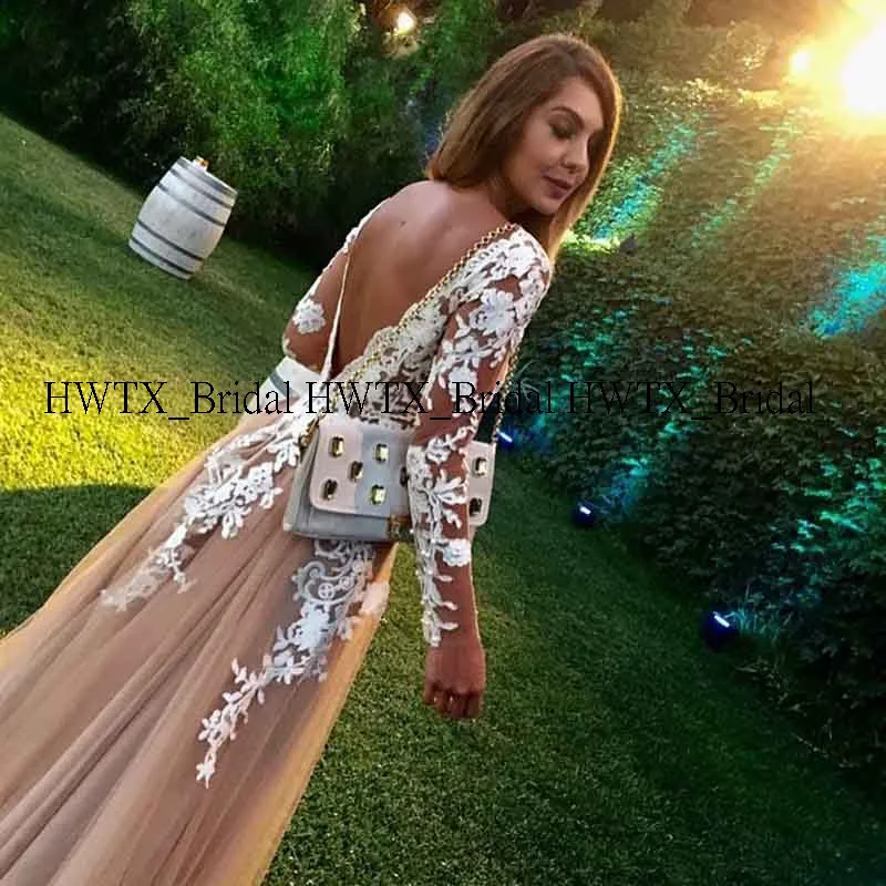 HWTX_Bridal настроить Кружева Аппликация вечернее платье Длинные рукава спинки Русалка Высокая Низкая Тюль Выпускные платья формальное платье