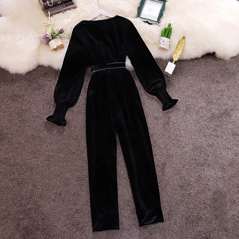 Neploe/осенний вельветовый комбинезон с v-образным вырезом и длинными рукавами, черные вечерние прямые костюмы, облегающее боди на шнуровке, 46925