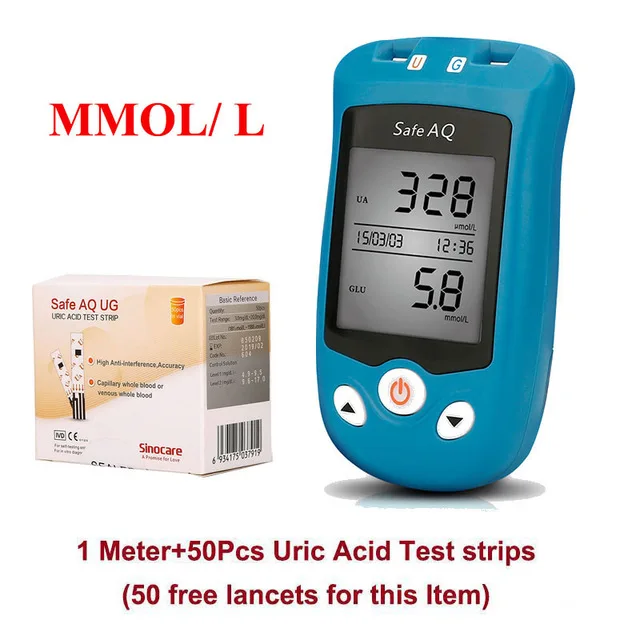 Sinocare Safe AQ UG mg/dL глюкоза в крови и мочевой измеритель кислотности и глюкозы/мочевые полоски для диабетиков подагра глюкометр мульти-посылка - Цвет: mmol L Meter 50U