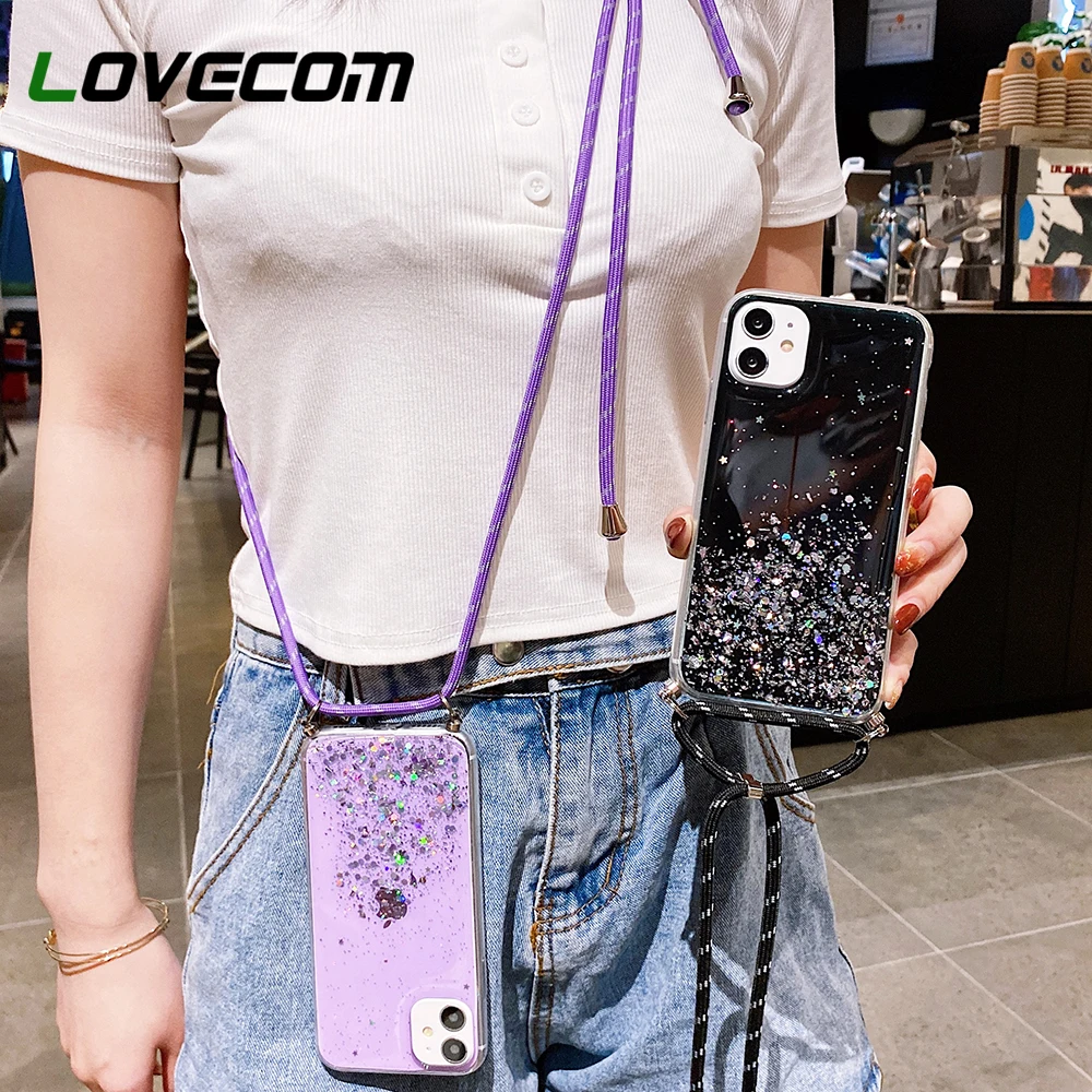 LOVECOM Bling Glitter Clear Case For iPhone 12 Mini 11 Pro Max X XR XSM 7 8 6S Plus Soft Epoxy Back Cover With Hanging Rope | Мобильные