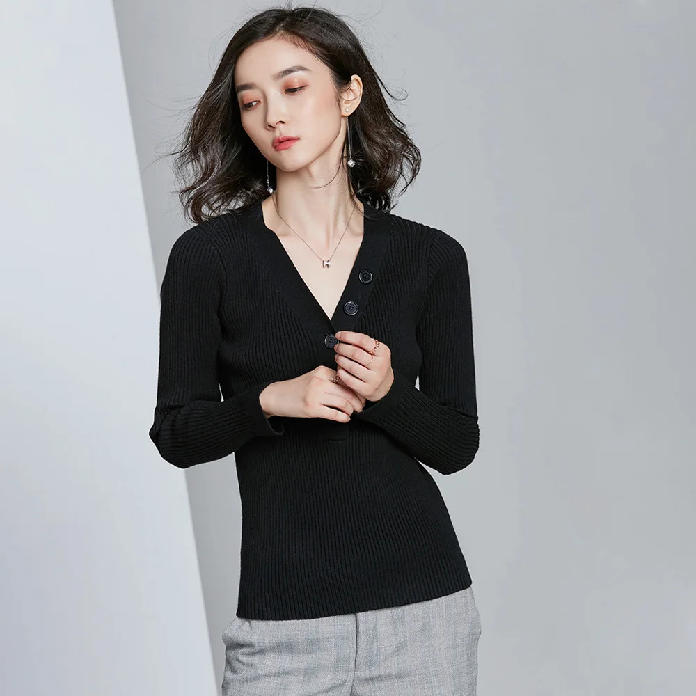 

Button Front V Neck Ribbed Sweater Women Slim Knitted Pullovers Fall Winter