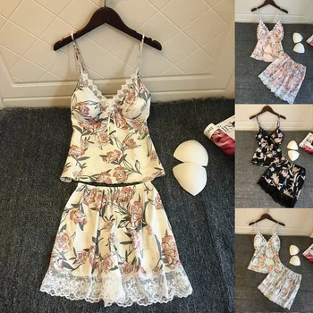 

Pyjamas Women Sexy Satin Sleepwear Flower Print Sleeveless Strap Silk Nightwear Lace Satin Cami Top Pajamas Sets Pijama V neck