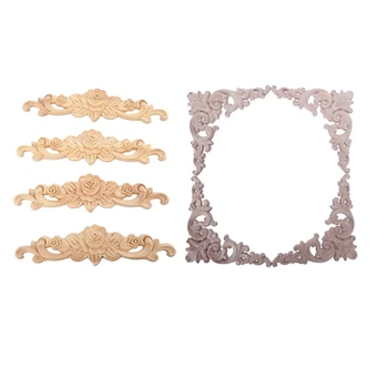 

8Pcs Rubber Wood Carved Long Onlay Applique Unpainted Rose Flower & Corner Onlay Applique Door Home Decor European Style 4pcs 20