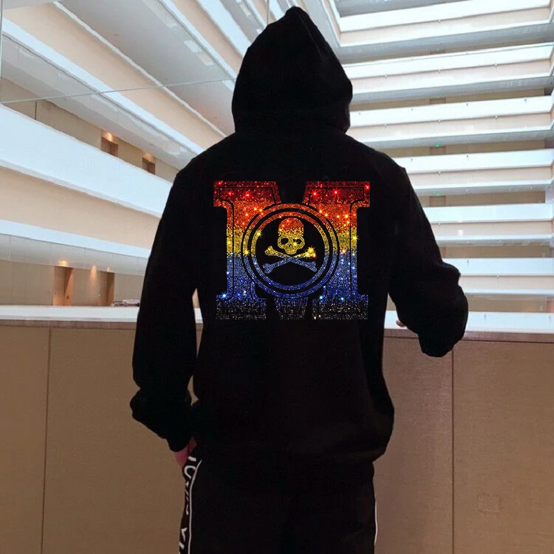 

Мужская зимняя флисовая толстовка с круглым вырезом, свободный хлопковый пуловер, популярный черный и белый топ с надписью со стразами