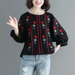 Женская винтажная Свободная блузка для женщин вышивка цветами 3/4 Фонарь рукава Boho женские блузки плюс размер хлопок лен повседневные топы