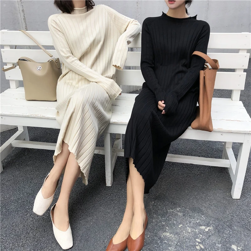 

2019 Vintage knitted Dress Women Autumn Winter Long Sleeve Long Dress elegant Split Sweater bodycon Sheath Dresses Vestidos