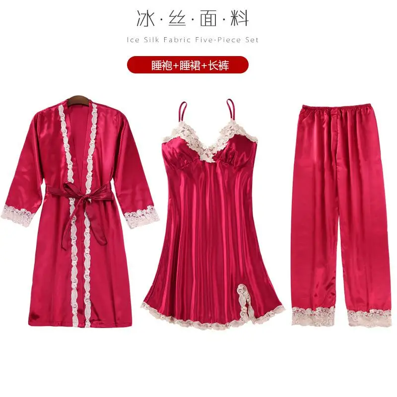 Женский Атласный халат, комплект из 5 предметов, комплект для сна, домашняя одежда для молодых девушек, интимное белье, летняя пикантная кружевная Пижама, женская одежда для сна - Цвет: 3PCS red