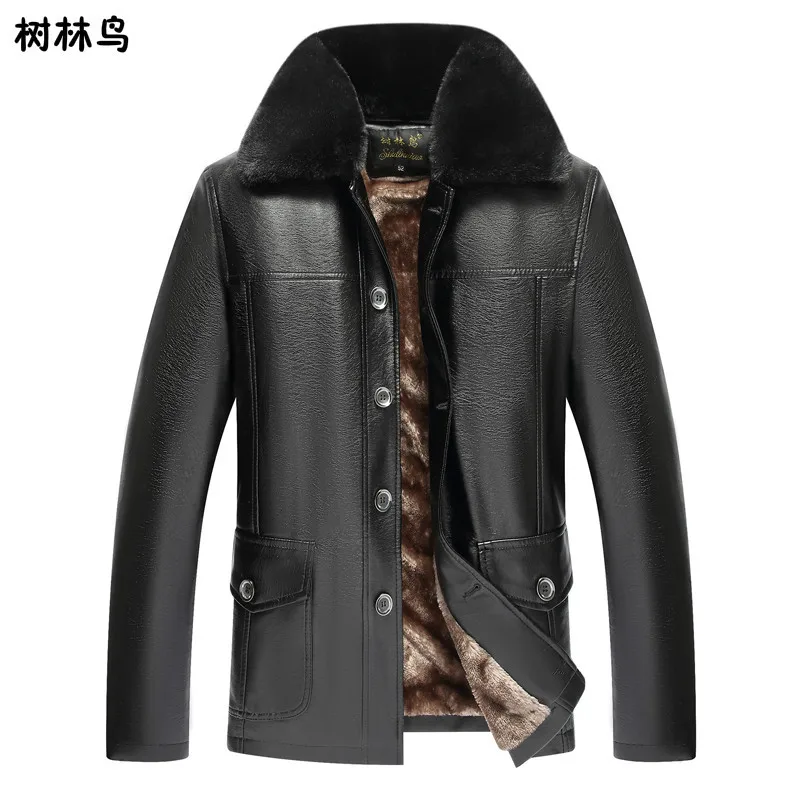 

Woods Bird Middle-aged Men Mid-length plus Velvet Fold-down Collar Business Leather Coat Leather Jacket Coat