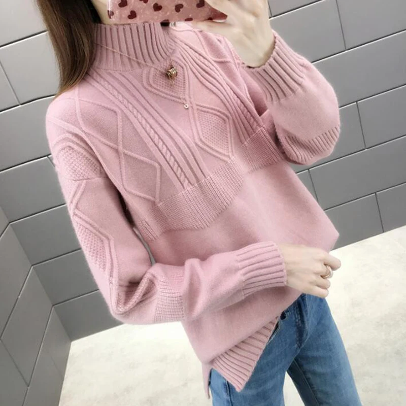 

Turtleneck Sweater Women Pullover 2019 Autumn Winter New Arrival Women pink Knitted Sweater Casual Solid Thick Warm Jumper Tops