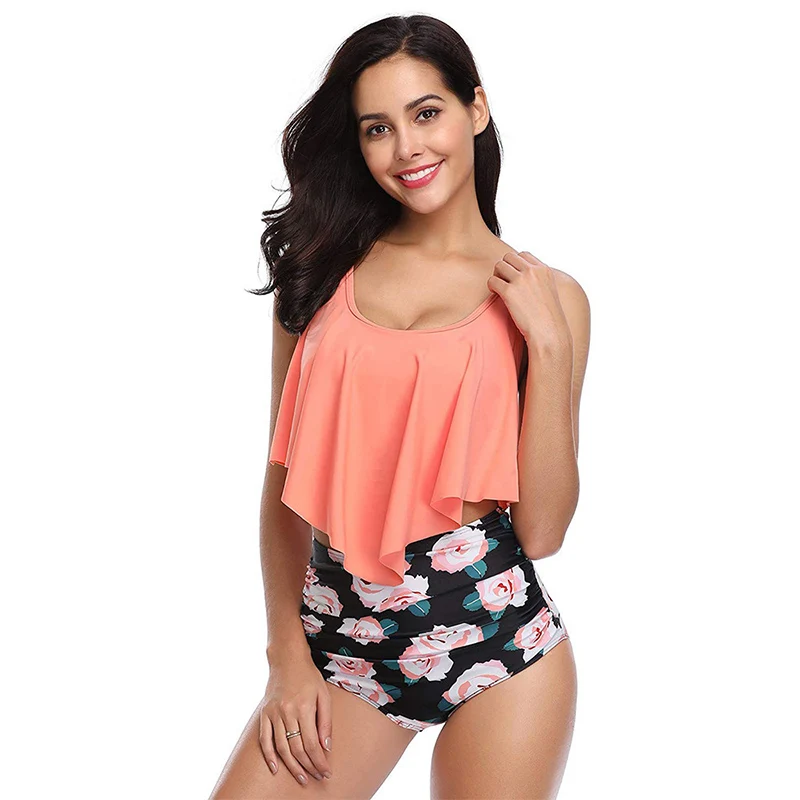High Waist BikiniWomen Two Piece Big Plus Size Swimwear Sexy Halter Floral Printed Tankini Set Patchwork Beachwear Biquini | Женская
