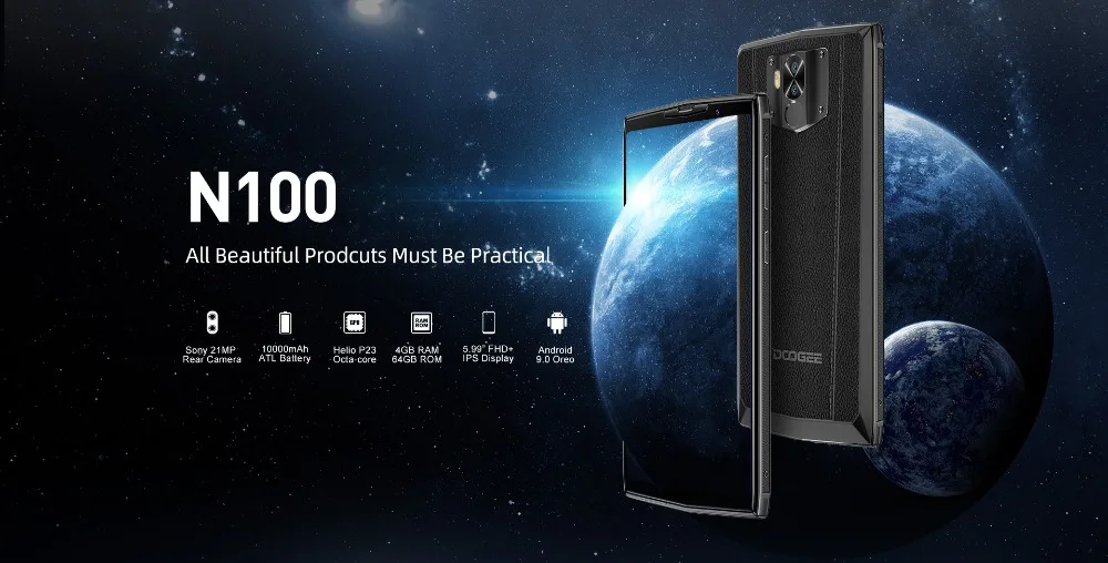 DOOGEE N100 смартфон 4 ГБ 64 ГБ 10000 мА батарея мобильного телефона 5,99 'Восьмиядерный 21MP Android 9,0 отпечаток лица ID 4G мобильный телефон